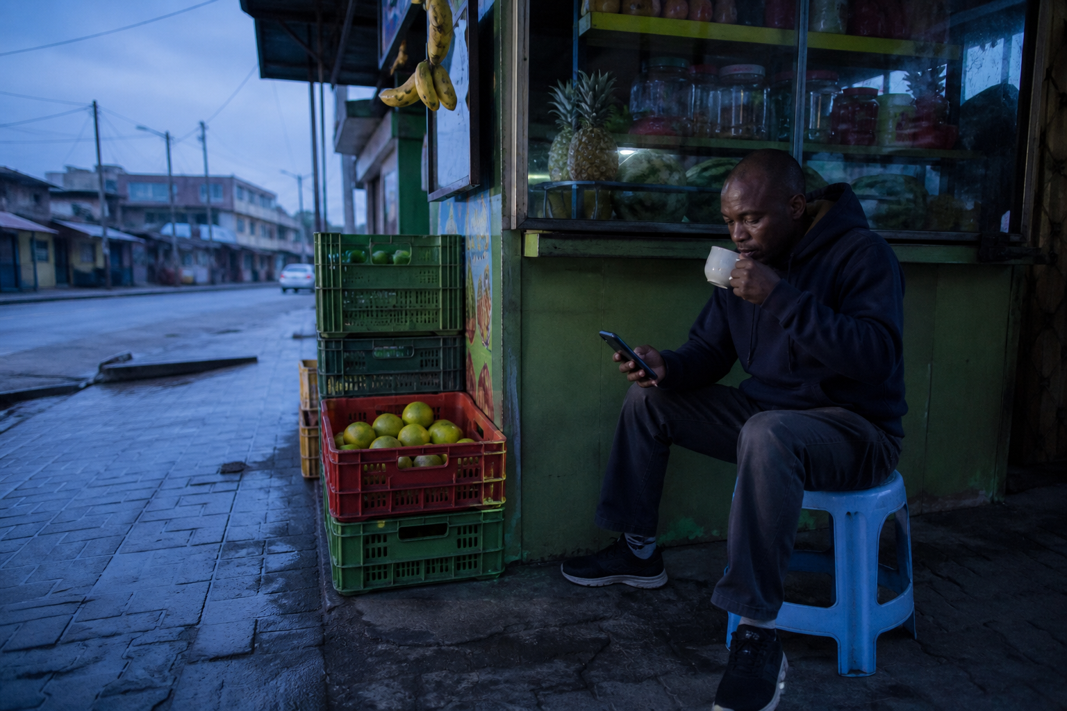 Shopkeeper reading the morning till email