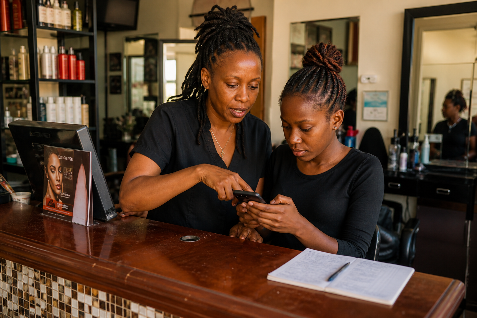Staff sharing a phone at the till