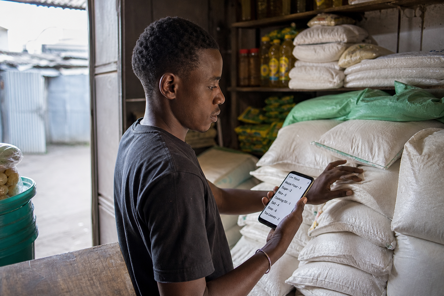Shopkeeper checking stock on a phone