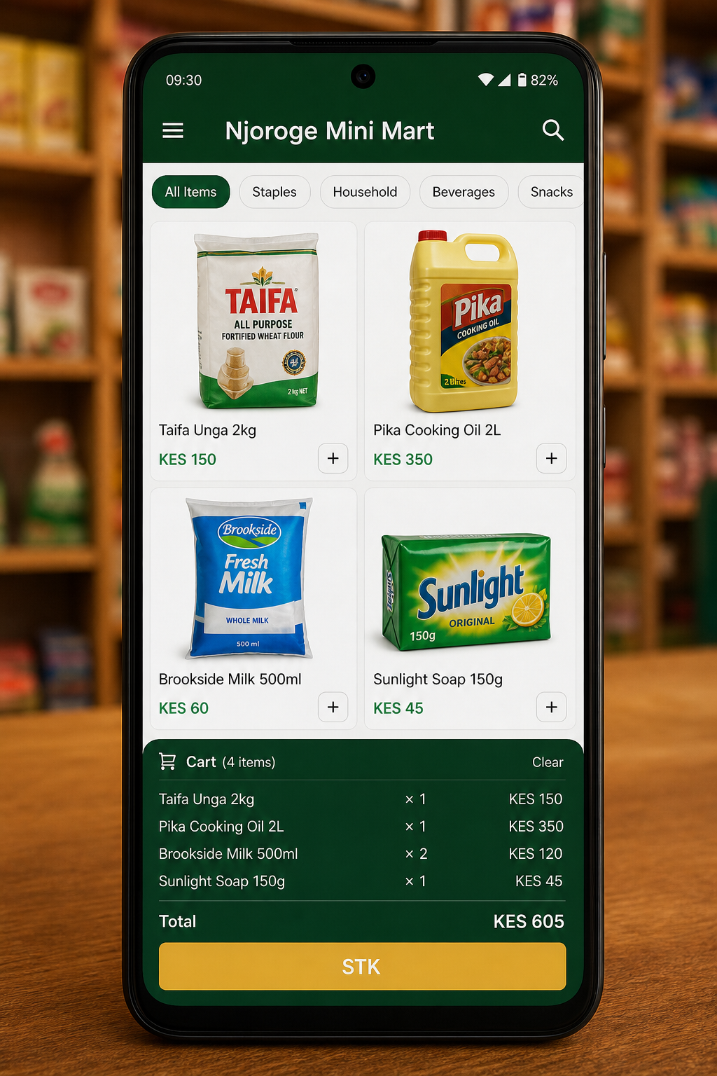 InuaBiz POS product grid on a phone