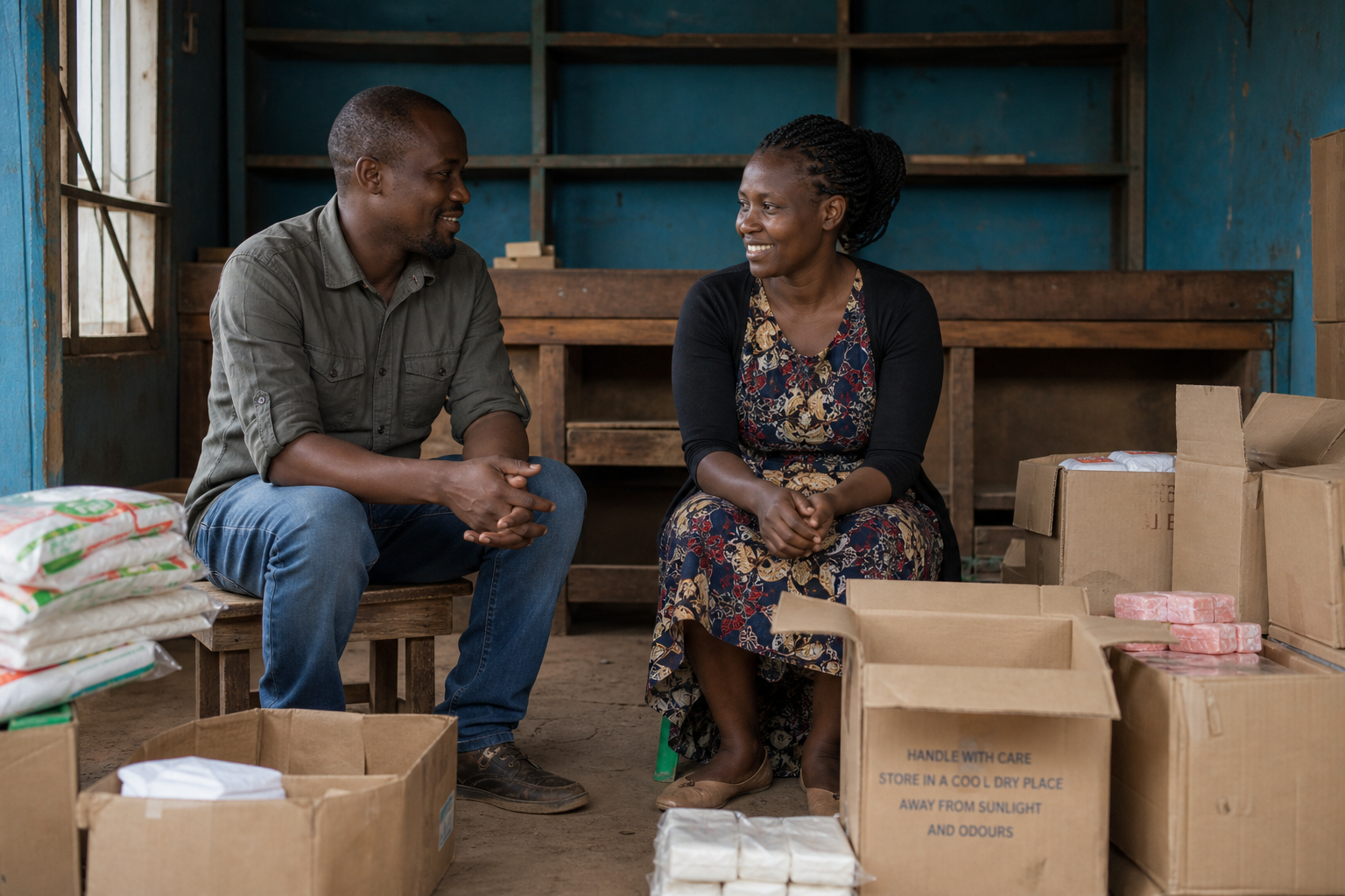 Duka owners in a stockroom with inventory bags and boxes