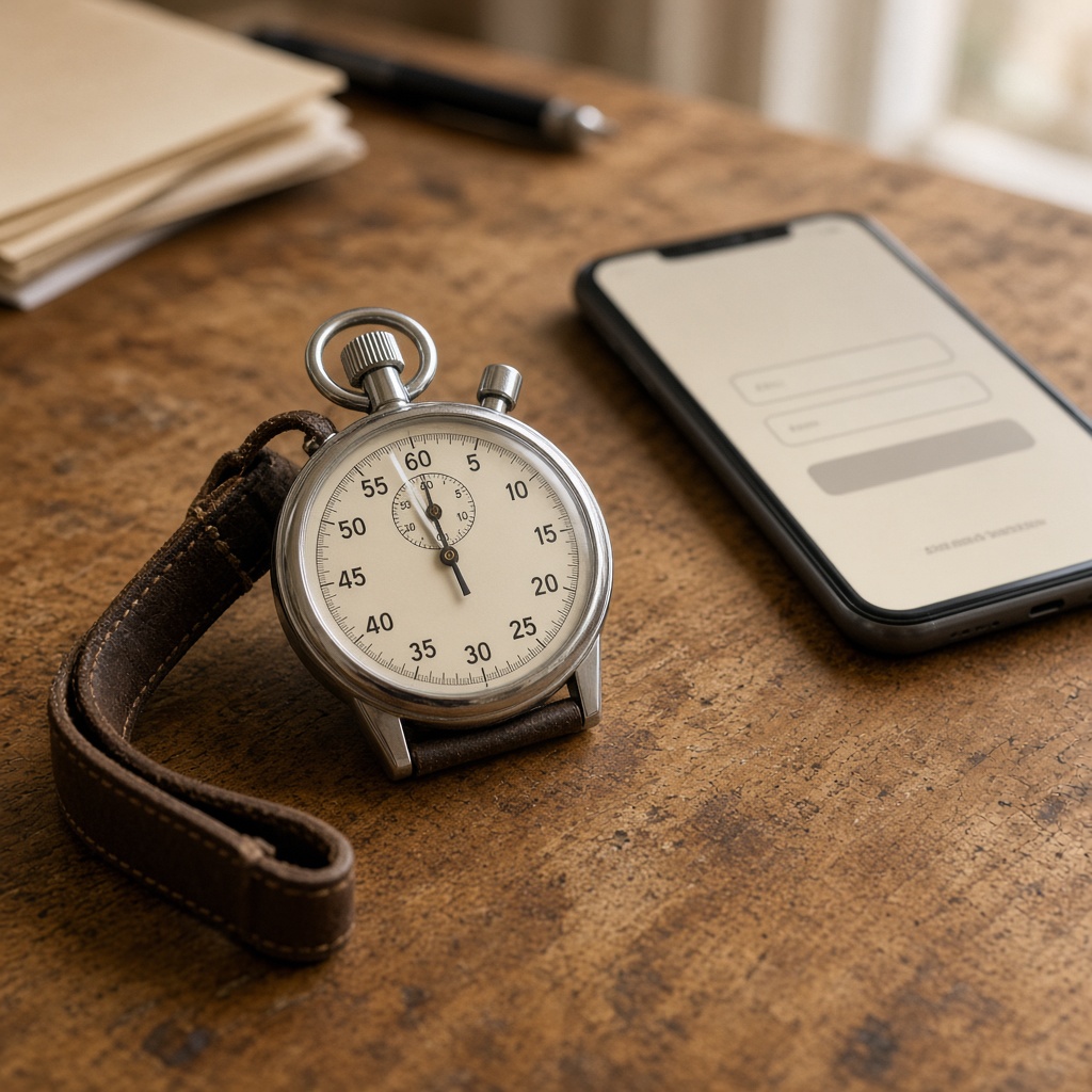 Stopwatch and phone on a desk for fast onboarding